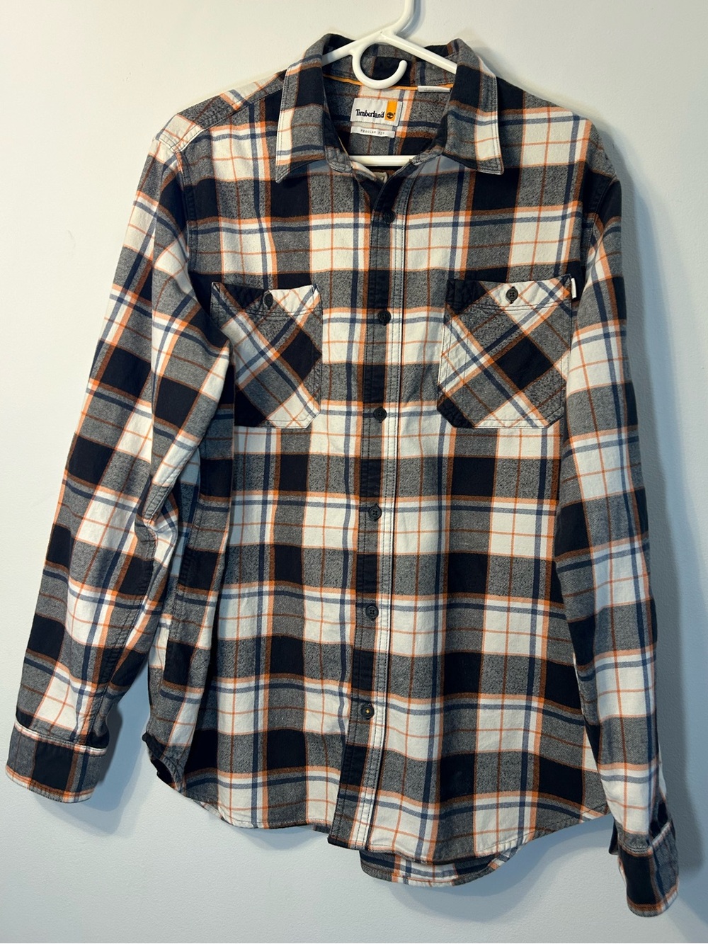 Men’s Timberland Black, White, & Orange Plaid Flannel Button-Up Shirt